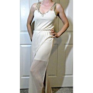 Ivory Hoiday Party Dress Size 4 Silver Beads Vintage Formal Old Hollywood